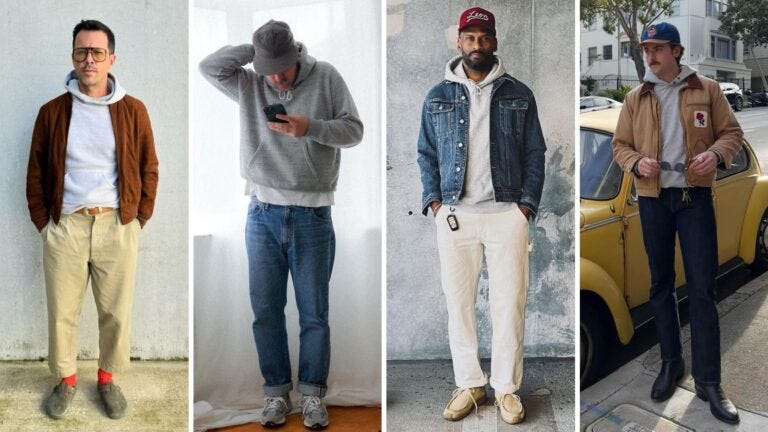 four side by side images of stylish men wearing a grey hoodie sweatshirt in various casual outfits