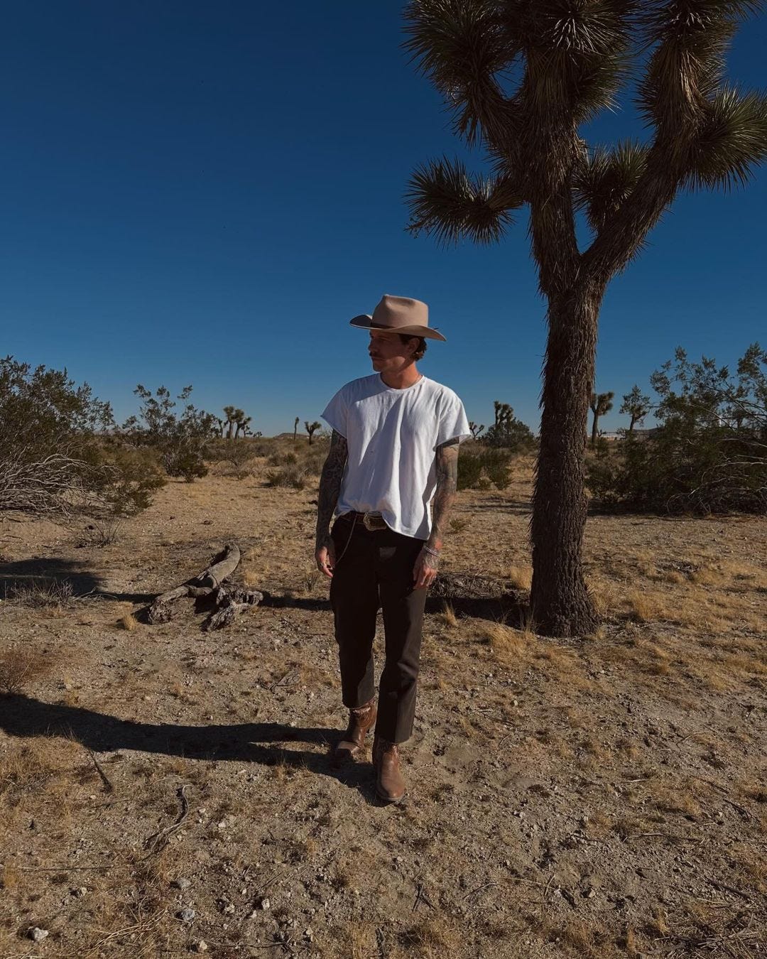 Young man standing in the desert wearing cowboy hat, white t-shirt, brown pants and brown cowboy boots