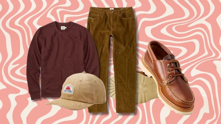 flat lay images of a stylish, casual men's outfit featuring a burgundy crewneck shirt, brown pants, light brown baseball hat, and brown leather moc shoes