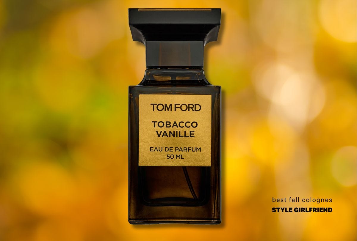 Brown cologne bottle with abstract autumn colors background and text on screen: Best Autumn Colognes (Style Girlfriend)