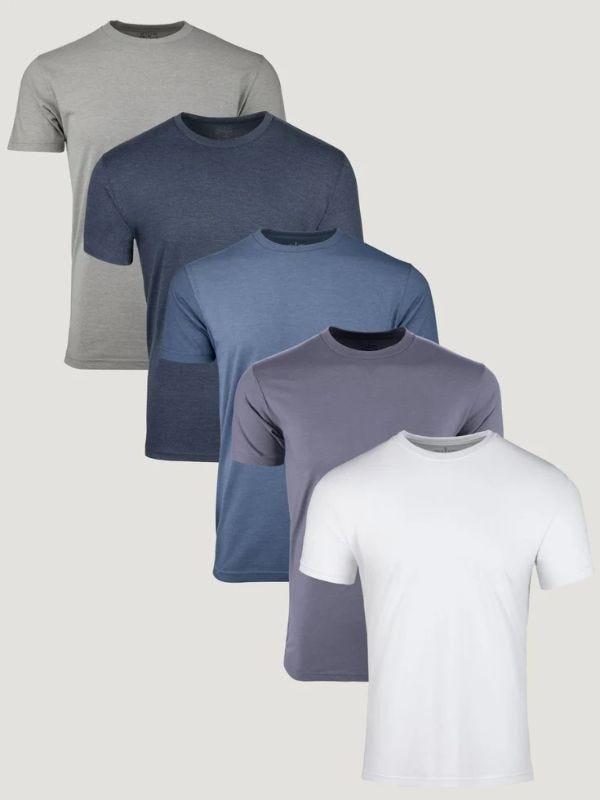 5 crewneck t-shirts in various neutral colors