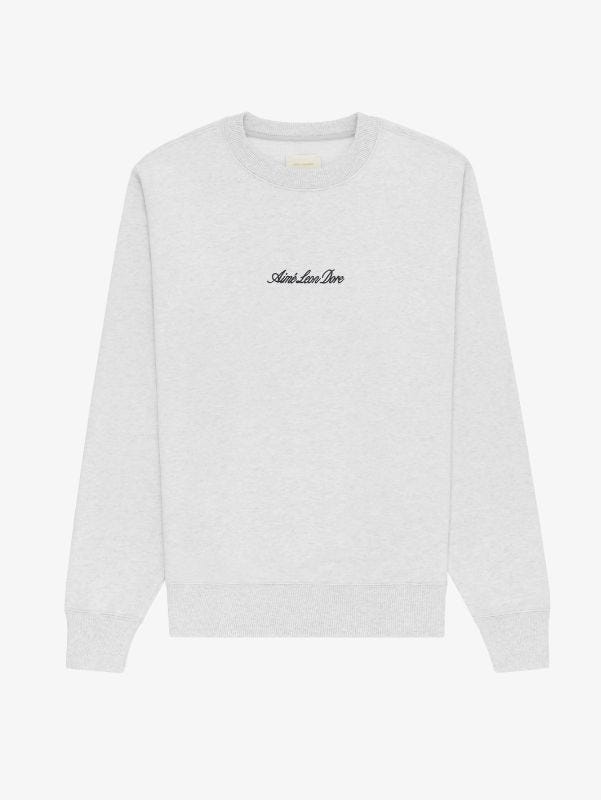 grey crewneck sweatshirt with Aime Leon Dore embroidered across the chest