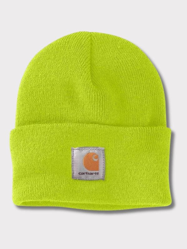 bright yellow beanie with carhartt logo on folded up front