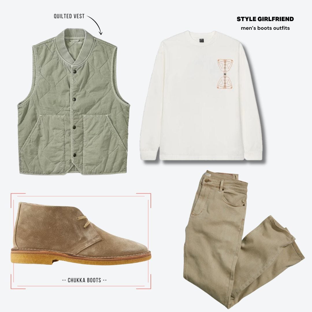 Men's polo boot set with white long-sleeved shirt, tan five-pocket pants and light green quilted vest