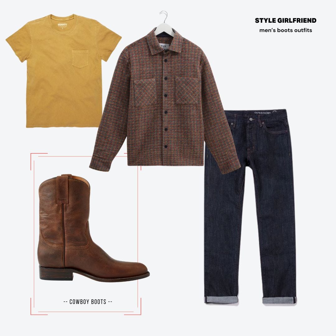 Men's cowboy boots suit with yellow t-shirt, brown plaid jacket and dark jeans