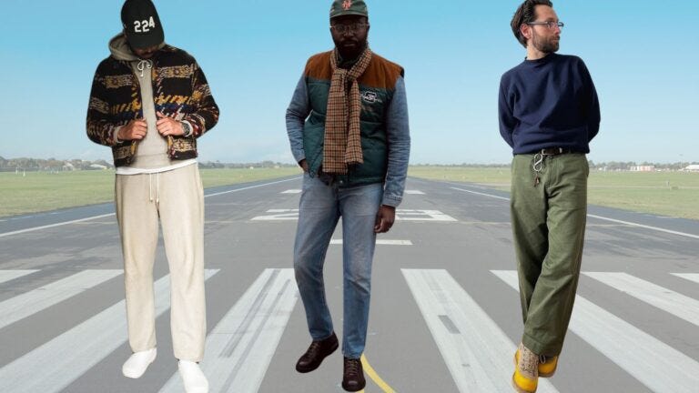 three men superimposed against an airport runway wearing stylish casual outfits appropriate for travel