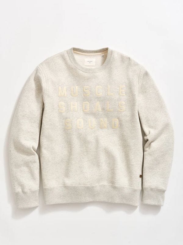 heather grey sweatshirt with the words "muscle shoals sound" on the front