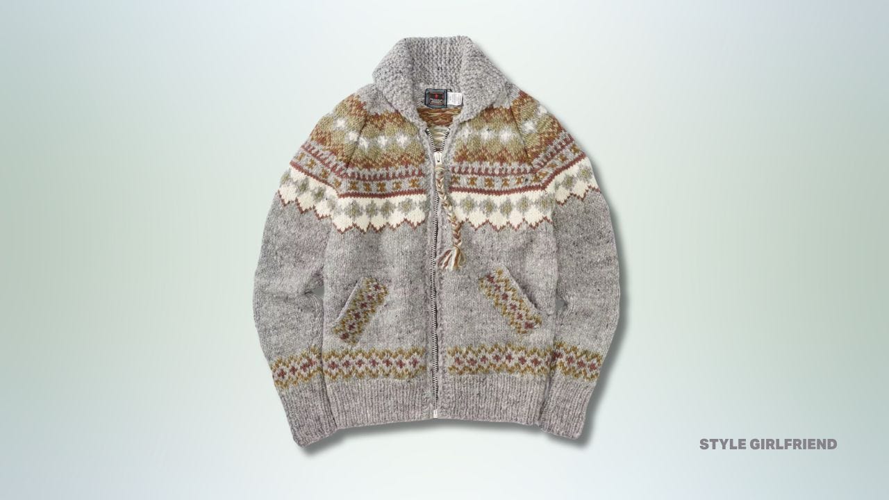 grey zip collared cardigan in a Fair Isle pattern