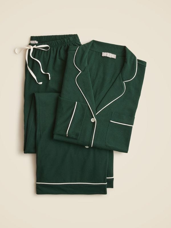 green long-sleeve pajamas with matching drawstring pants