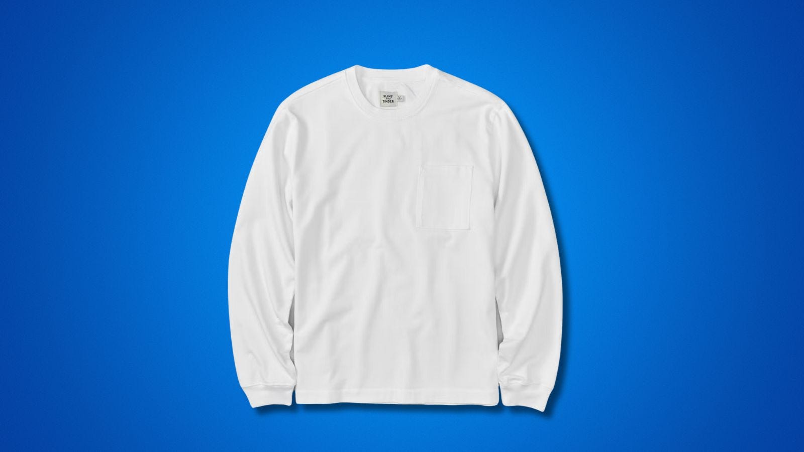 long-sleeve white t-shirt set against a blue background