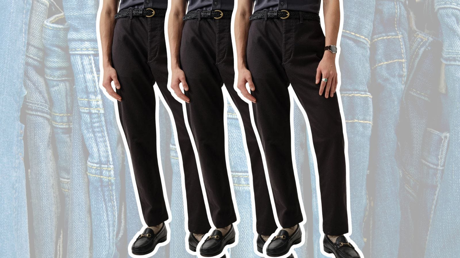 repeating image of the lower half of a man wearing black chinos with a braided leather belt