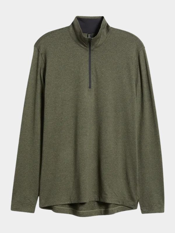 olive green performance quarter zip shirt included in roundup of 32 men's workout clothes under $100