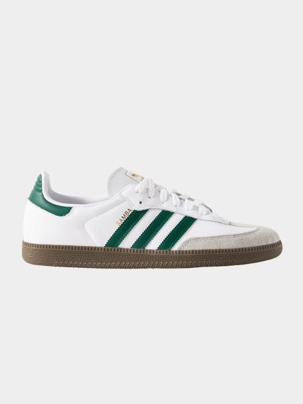 adidas samba sneakers in white with green stripes