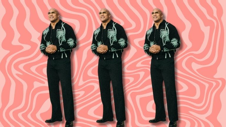 three images of The Rock (aka Dwayne Johnson) wearing a black jacket with green embroidery and black pants