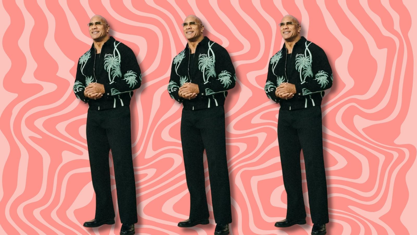 three images of The Rock (aka Dwayne Johnson) wearing a black jacket with green embroidery and black pants