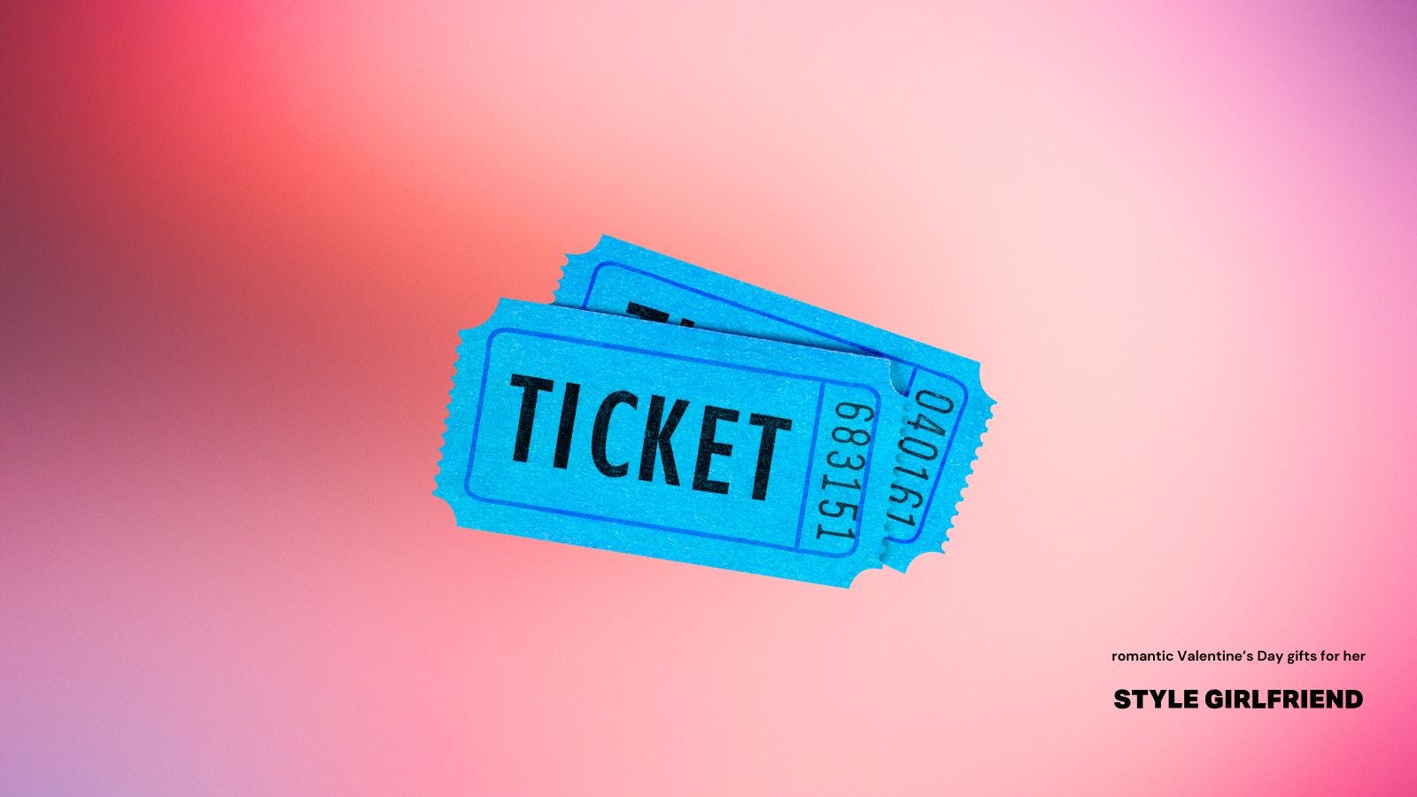 two blue admission tickets set against a pink background