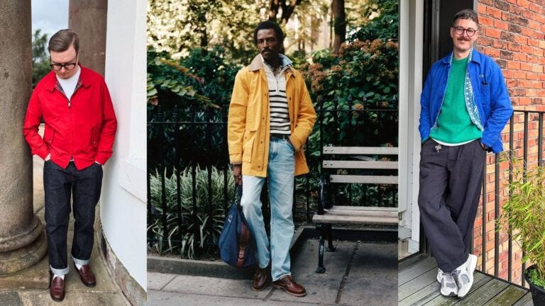 three stylish men wearing bright-colored spring outfits