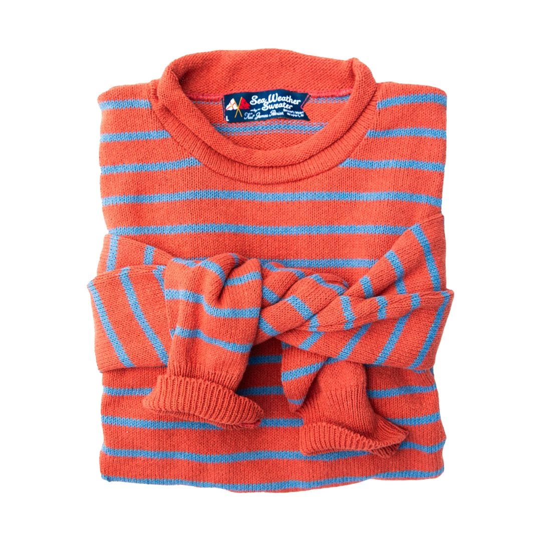 blue and red striped men's rollneck sweater