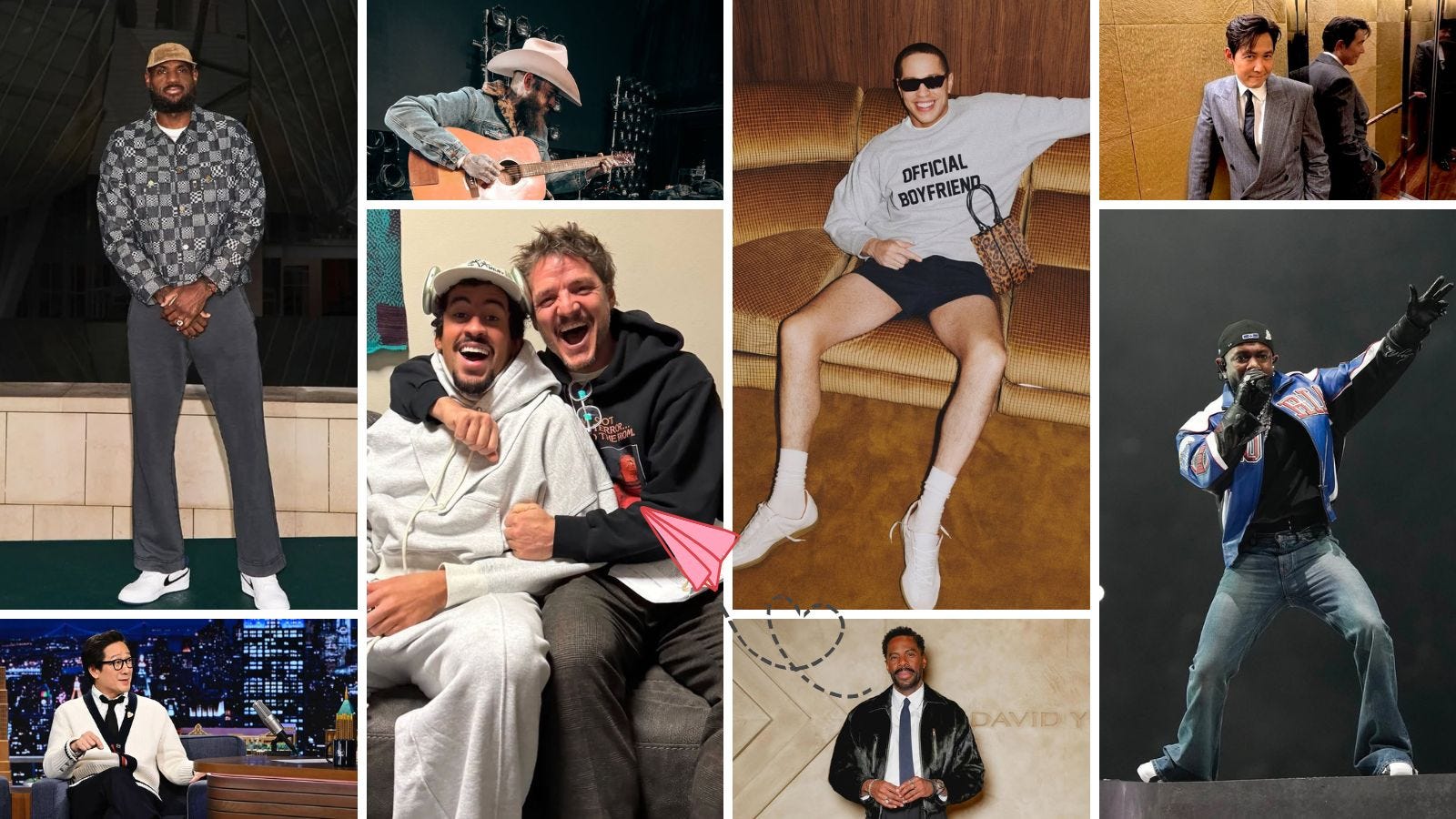 collage of stylish male celebrities including Pedro Pascal, Bad Bunny, Pete Davidson, LeBron James, Post Malone, and Colman Domingo