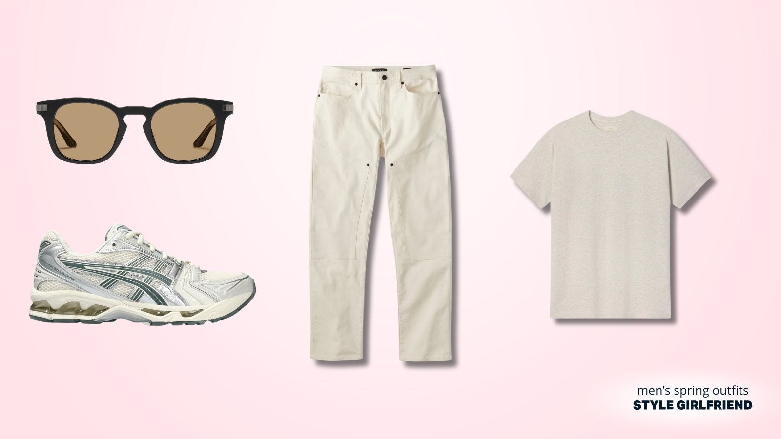 Roupa de fim de semana casual masculina com calças de roupas de trabalho esbranquiçado, uma camiseta de cor de aveia, tênis de Asics e óculos de sol acetato