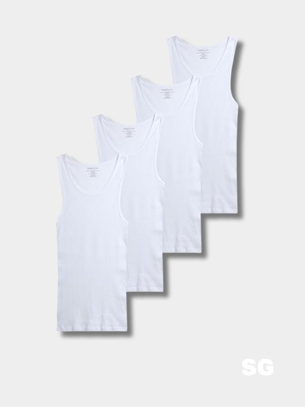 a 4-pack of white ribbed tank tops