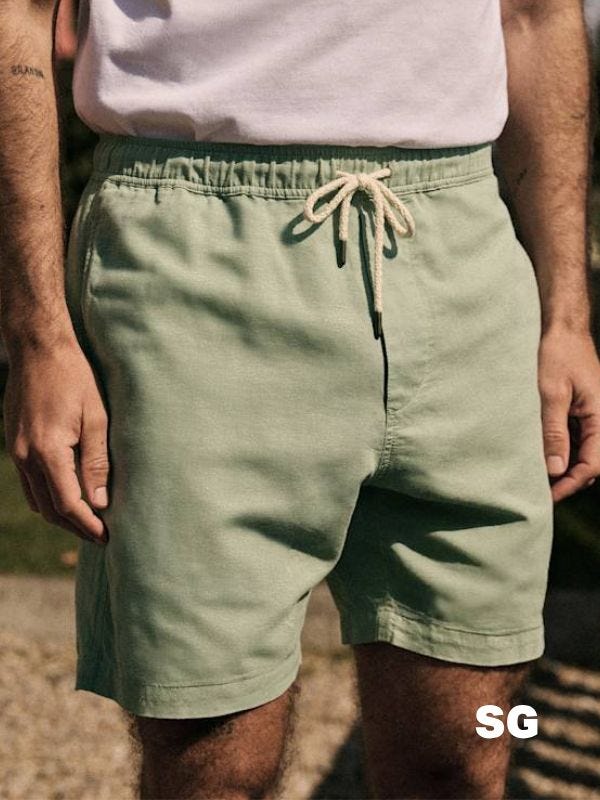 close-up of a man wearing light green drawstring shorts