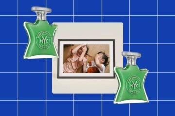 digital frame of two smiling children, flanked by two bottles of fragrance