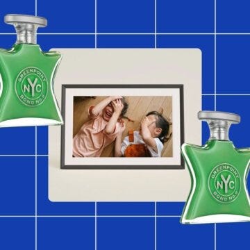 digital frame of two smiling children, flanked by two bottles of fragrance