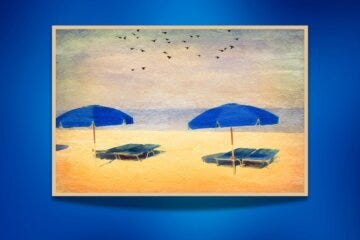 painting of two blue beach umbrellas and lounge chairs on a beach