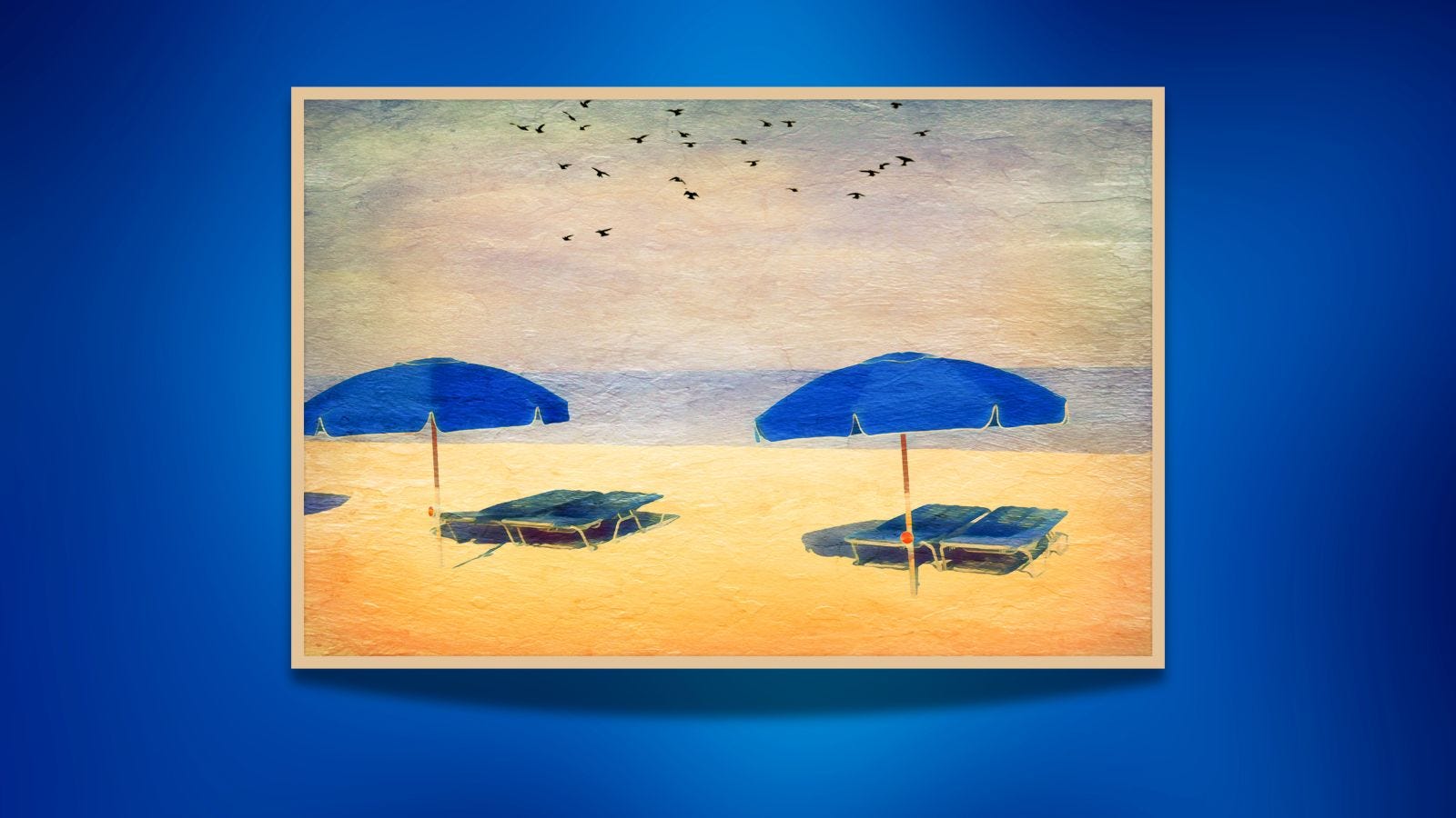 painting of two blue beach umbrellas and lounge chairs on a beach