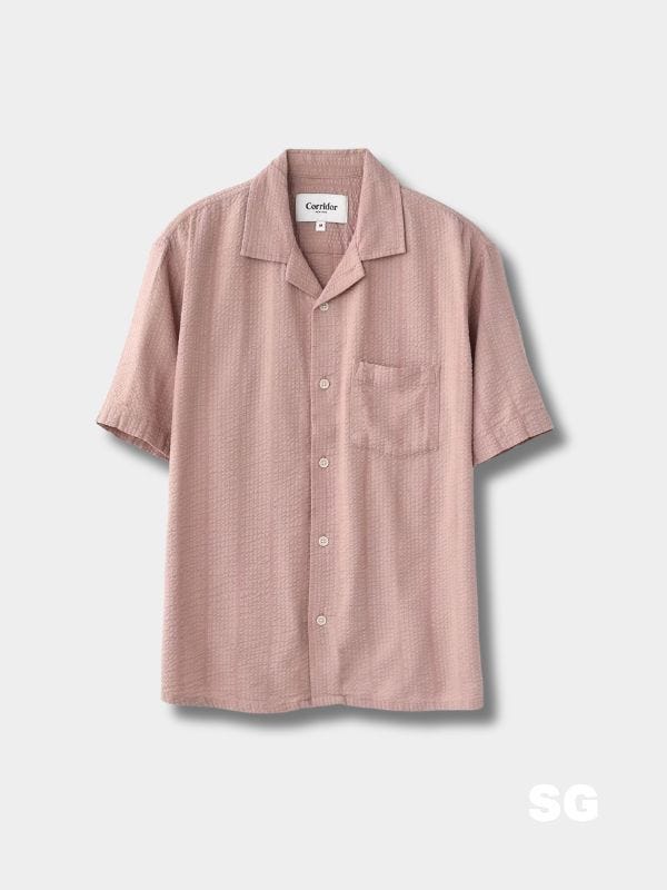 dusty mauve seersucker camp shirt