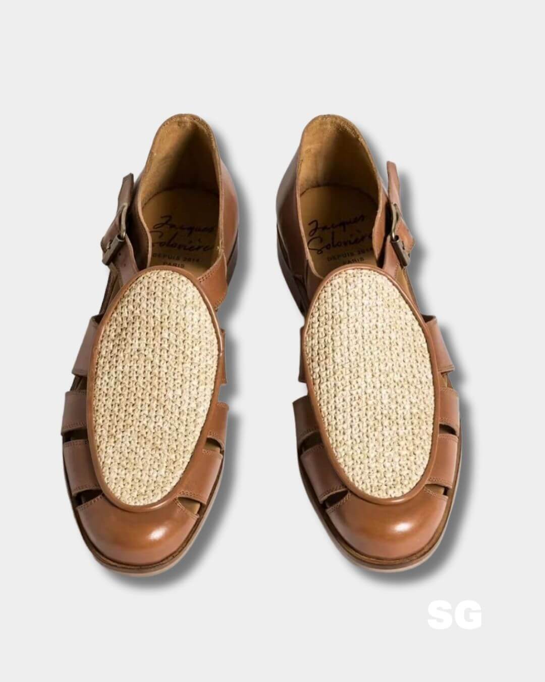 brown leather fisherman sandals with a raffia upper