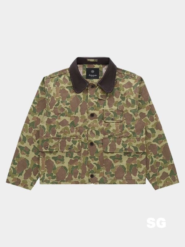 camo men's coat with brown collar