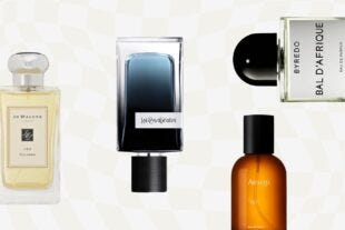 several fragrance bottles arranged in an abstract pattern for an article on finding a men's signature scent