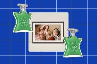 digital frame of two smiling children, flanked by two bottles of fragrance