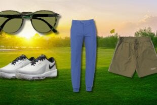 various men's golf clothes and accessories, set against a golf green background
