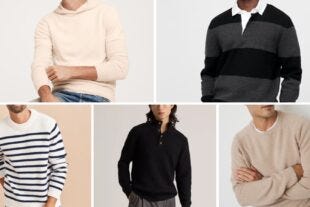 five images of men's fall sweaters, clockwise from the top right: a cream hoodie, a black and grey rugby sweater with a white collar, a blue and white mariner sweater, a black sweater with buttons at the neck, and a cream-colored crewneck sweater