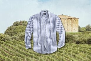 feature image on a blog post for stylish men's linen shirt outfits. image is a flat lay of a striped linen shirt, set against an Italian countryside background