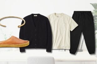 casual yet stylish men's outfit for working from home, featuring a black cardigan, black sweatpants, and brown leather slip-on shoes