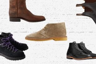 variety of men's boots set against a grey abstract background