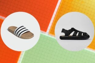 two men's sandals against an orange, green, and yellow background