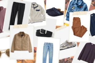 images of men's casual fall clothing against a backdrop of fall leaves