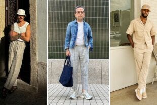 side by side images of men wearing light colored outfits in summer weather
