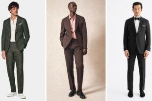 feature image for a guide to men's fall wedding style with three men wearing suits