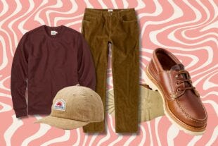 flat lay images of a stylish, casual men's outfit featuring a burgundy crewneck shirt, brown pants, light brown baseball hat, and brown leather moc shoes