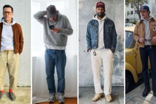 four side by side images of stylish men wearing a grey hoodie sweatshirt in various casual outfits