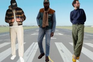 three men superimposed against an airport runway wearing stylish casual outfits appropriate for travel