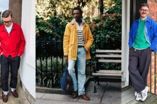 three stylish men wearing bright-colored spring outfits