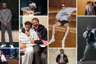 collage of stylish male celebrities including Pedro Pascal, Bad Bunny, Pete Davidson, LeBron James, Post Malone, and Colman Domingo