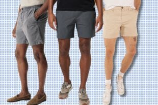 three men wearing 6-inch inseam shorts in grey, navy, and tan
